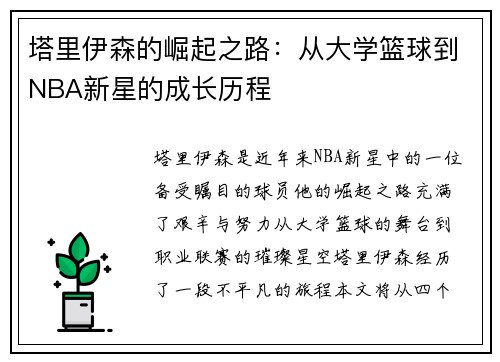 塔里伊森的崛起之路：从大学篮球到NBA新星的成长历程