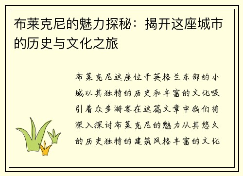 布莱克尼的魅力探秘：揭开这座城市的历史与文化之旅